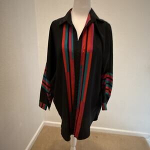 80s Retro Black Red Teal Purple Striped Button-Up Shirt Women Long Sleeve tunic